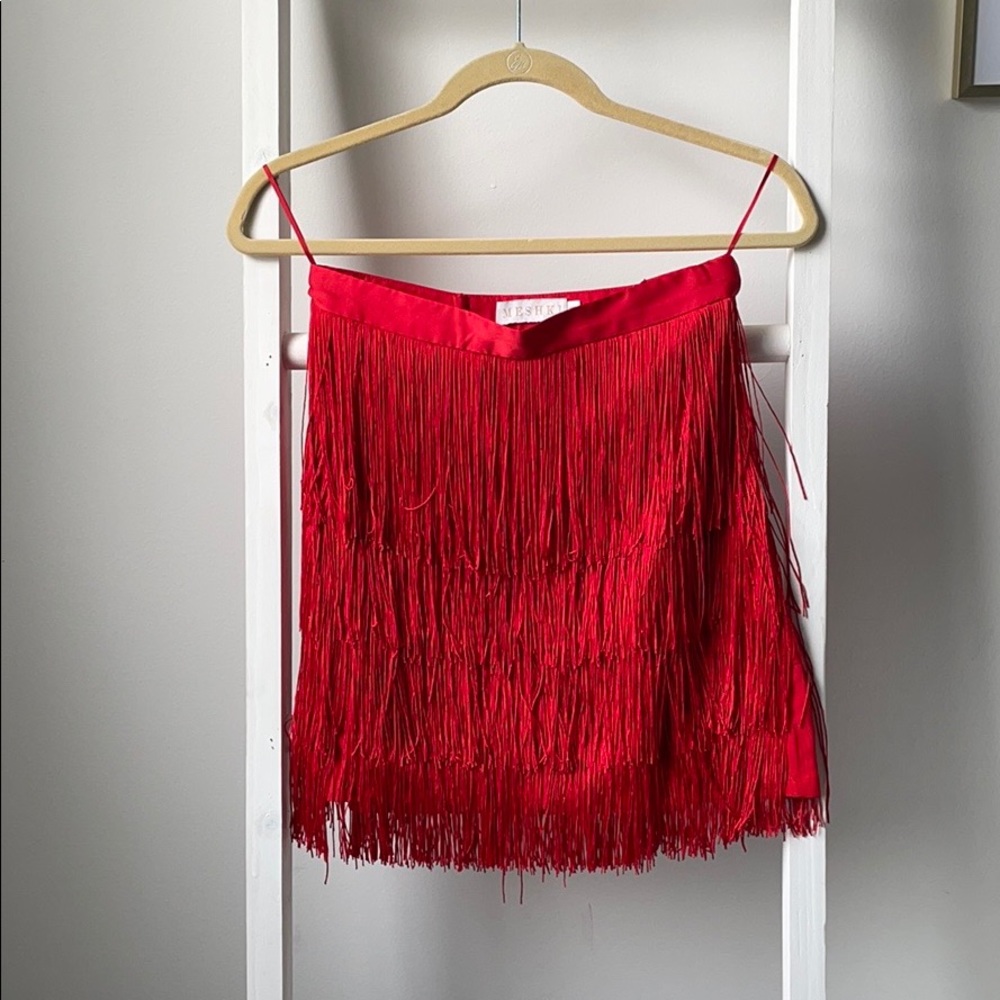 Meshki red fringe skirt